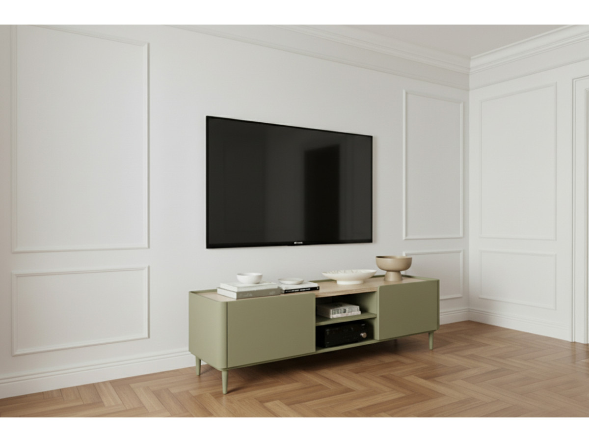 Meuble TV 1 porte 1 tiroir 170 cm ANYRA pieds en bois massif