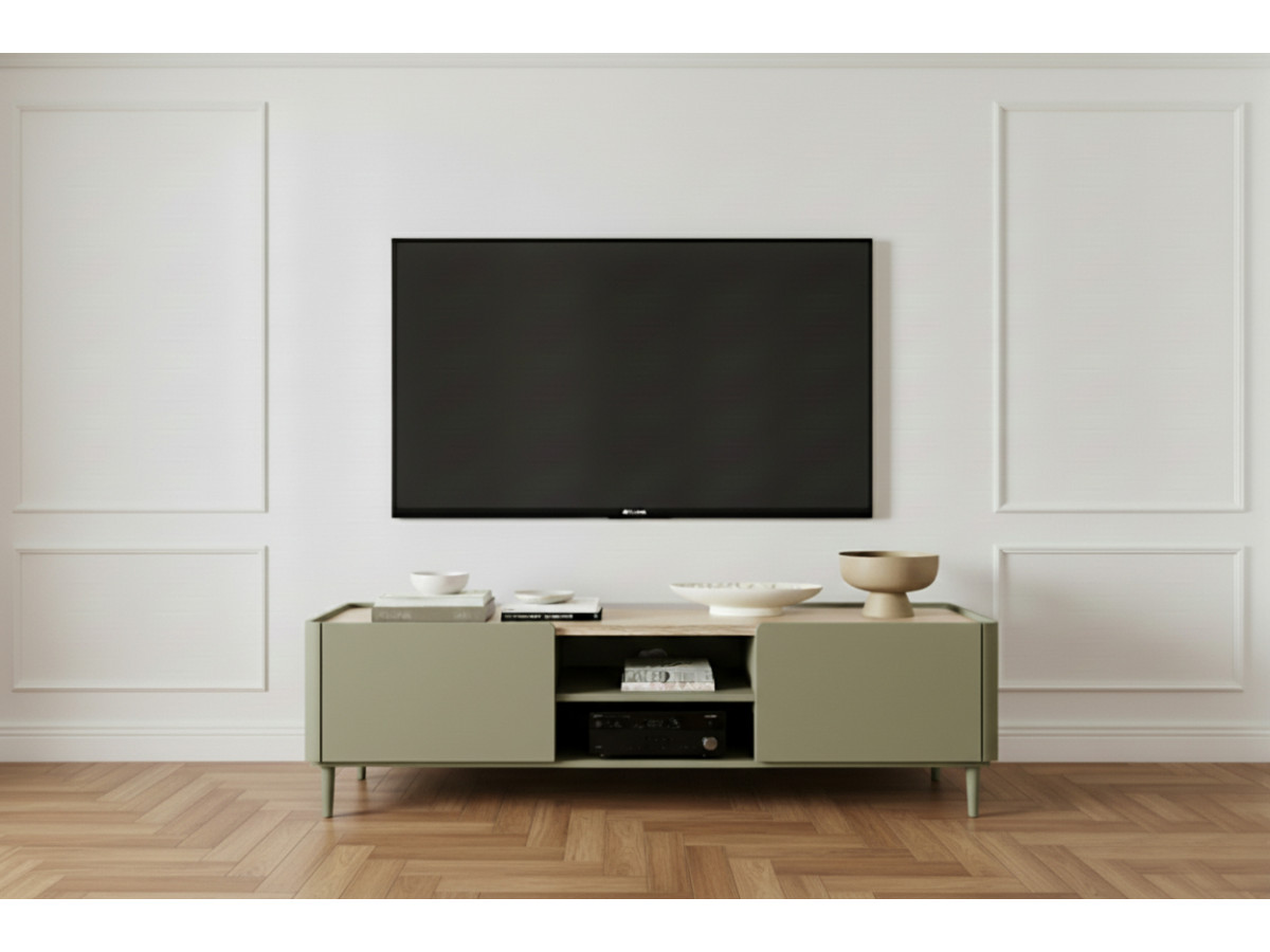 Meuble TV 1 porte 1 tiroir 170 cm ANYRA pieds en bois massif
