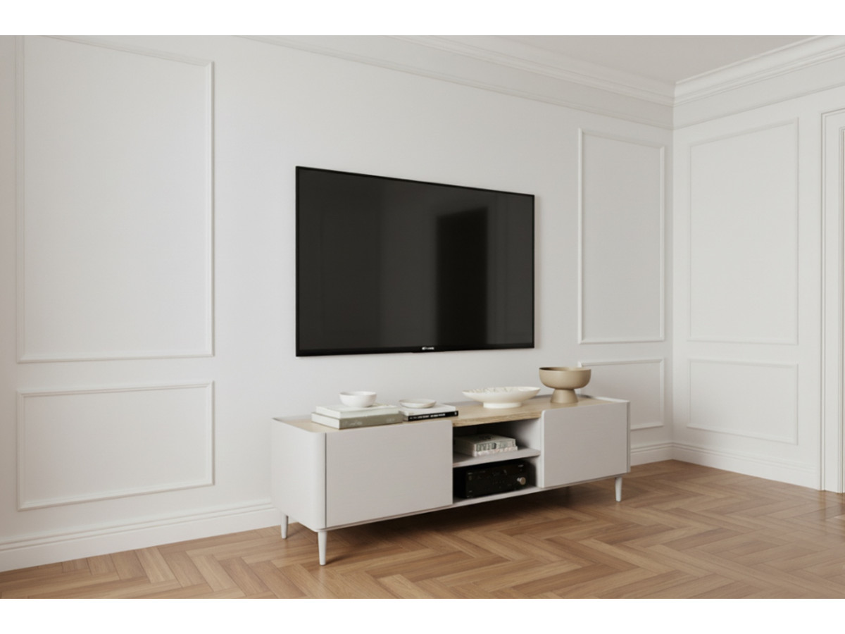 Meuble TV 1 porte 1 tiroir 170 cm ANYRA pieds en bois massif beige — vue 5