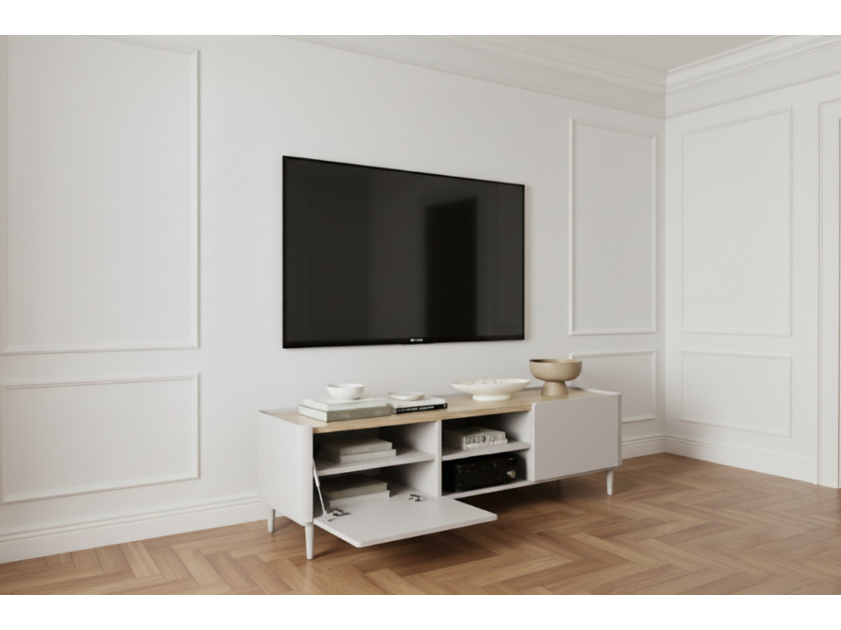 Meuble TV 1 porte 1 tiroir 170 cm ANYRA pieds en bois massif beige — vue 6