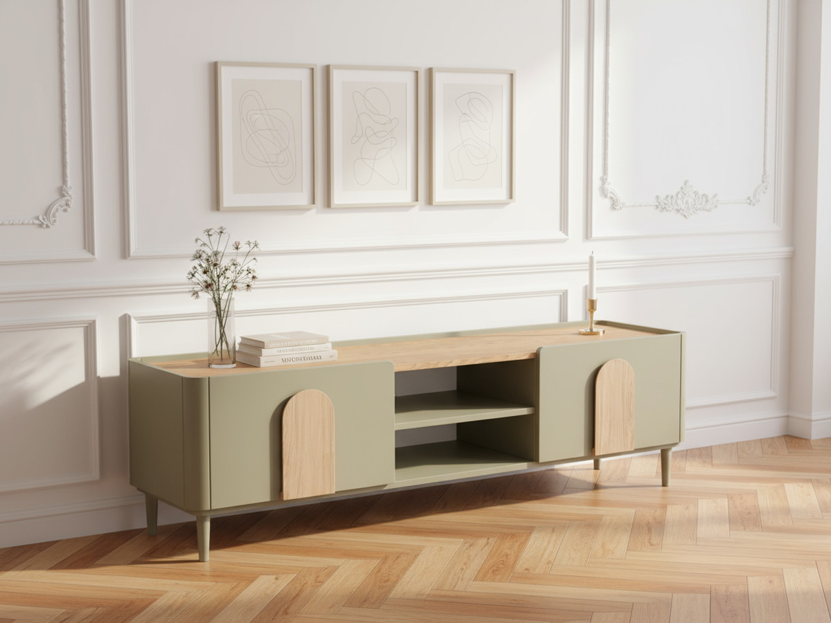 Meuble TV 1 porte 1 tiroir 170 cm ENYRA pieds en bois massif vert — vue 4