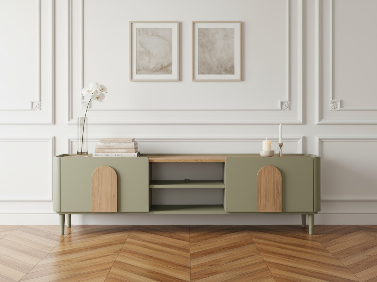 Meuble TV 1 porte 1 tiroir 170 cm ENYRA pieds en bois massif vert