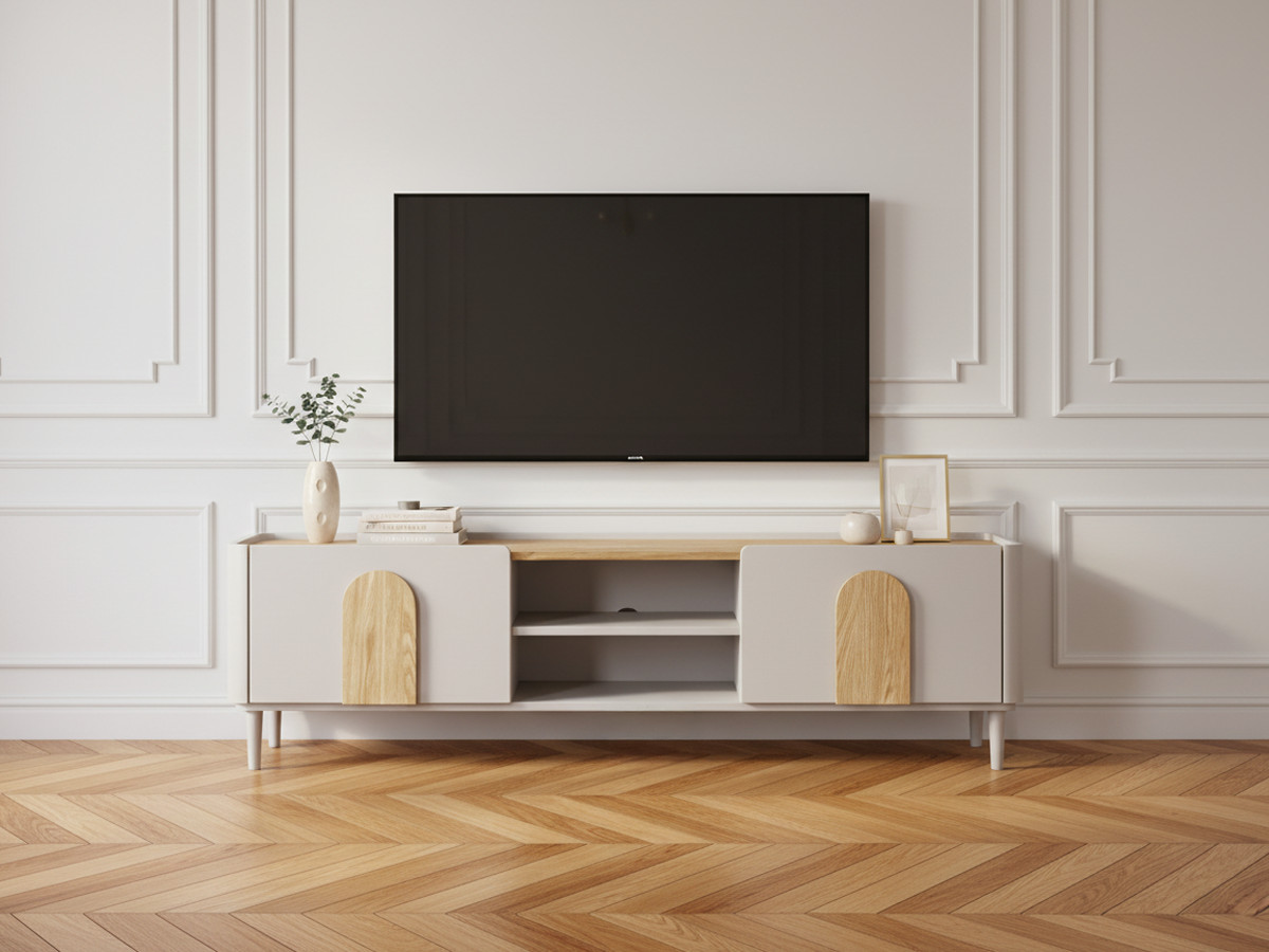 Meuble TV 1 porte 1 tiroir 170 cm ENYRA pieds en bois massif beige — vue 6