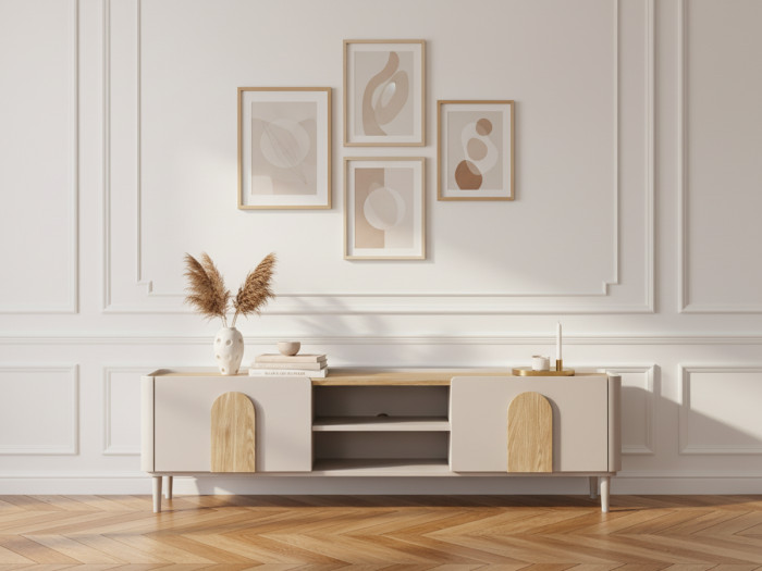 Meuble TV 1 porte 1 tiroir 170 cm ENYRA pieds en bois massif