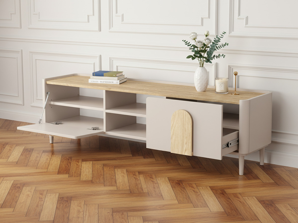 Meuble TV 1 porte 1 tiroir 170 cm ENYRA pieds en bois massif beige — vue 5