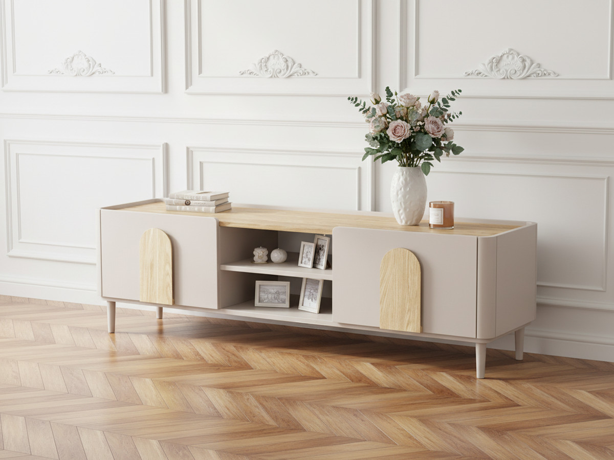 Meuble TV 1 porte 1 tiroir 170 cm ENYRA pieds en bois massif beige — vue 4