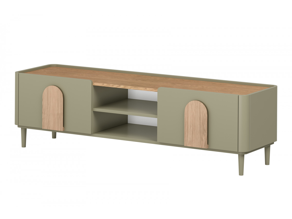 meuble tv 1 porte 1 tiroir 170 cm enyra pieds en bois massif gekleurd vert