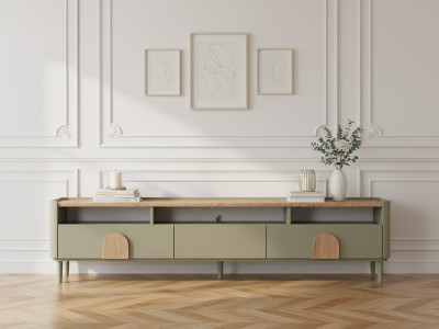 Meuble TV 1 porte 2 tiroirs 200 cm ENYRA pieds en bois massif