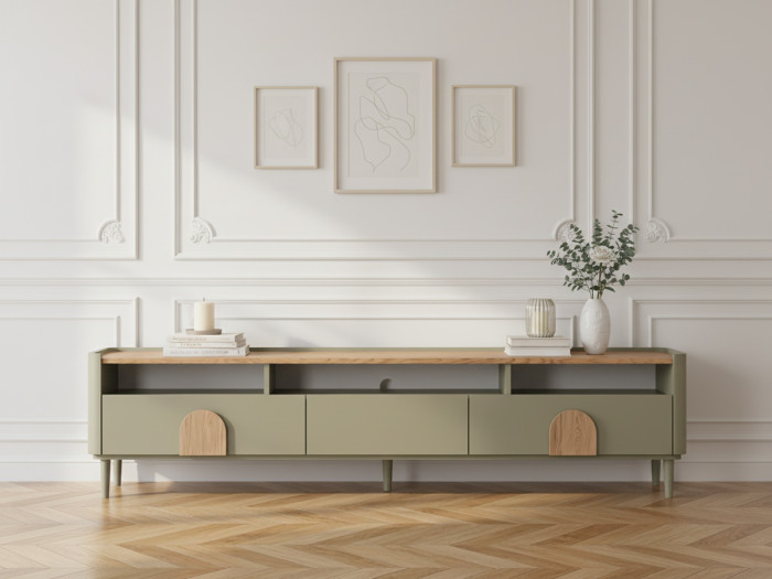 Meuble TV 1 porte 2 tiroirs 200 cm ENYRA pieds en bois massif