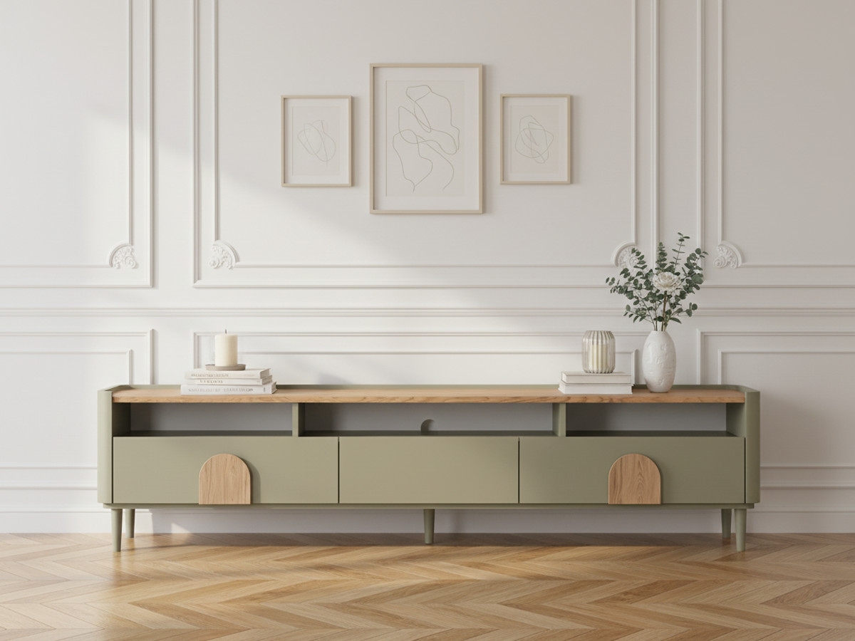 Meuble TV 1 porte 2 tiroirs 200 cm ENYRA pieds en bois massif vert