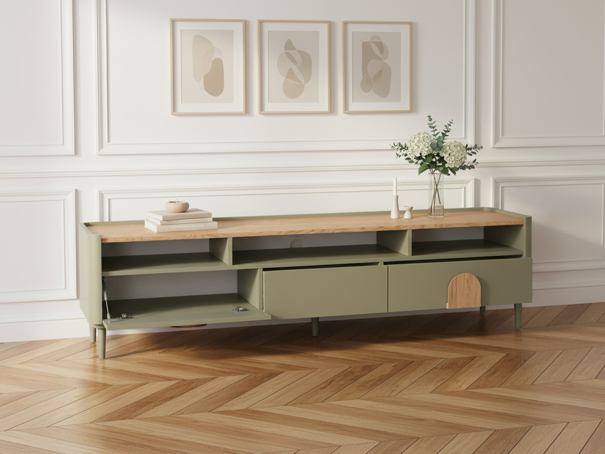 Meuble TV 1 porte 2 tiroirs 200 cm ENYRA pieds en bois massif