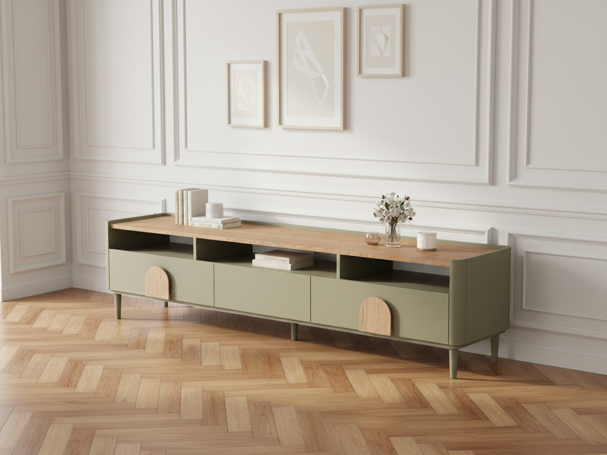 Meuble TV 1 porte 2 tiroirs 200 cm ENYRA pieds en bois massif vert — vue 4