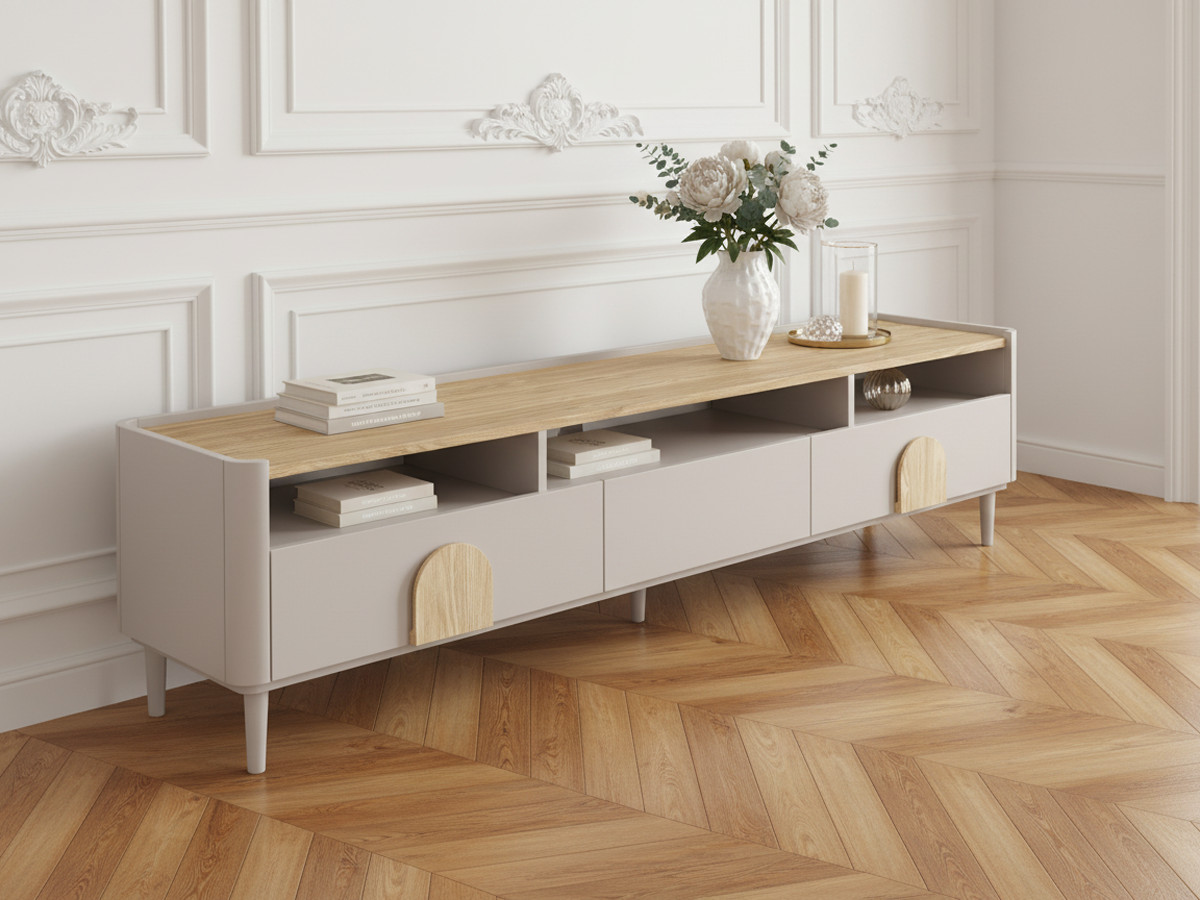 Meuble TV 1 porte 2 tiroirs 200 cm ENYRA pieds en bois massif