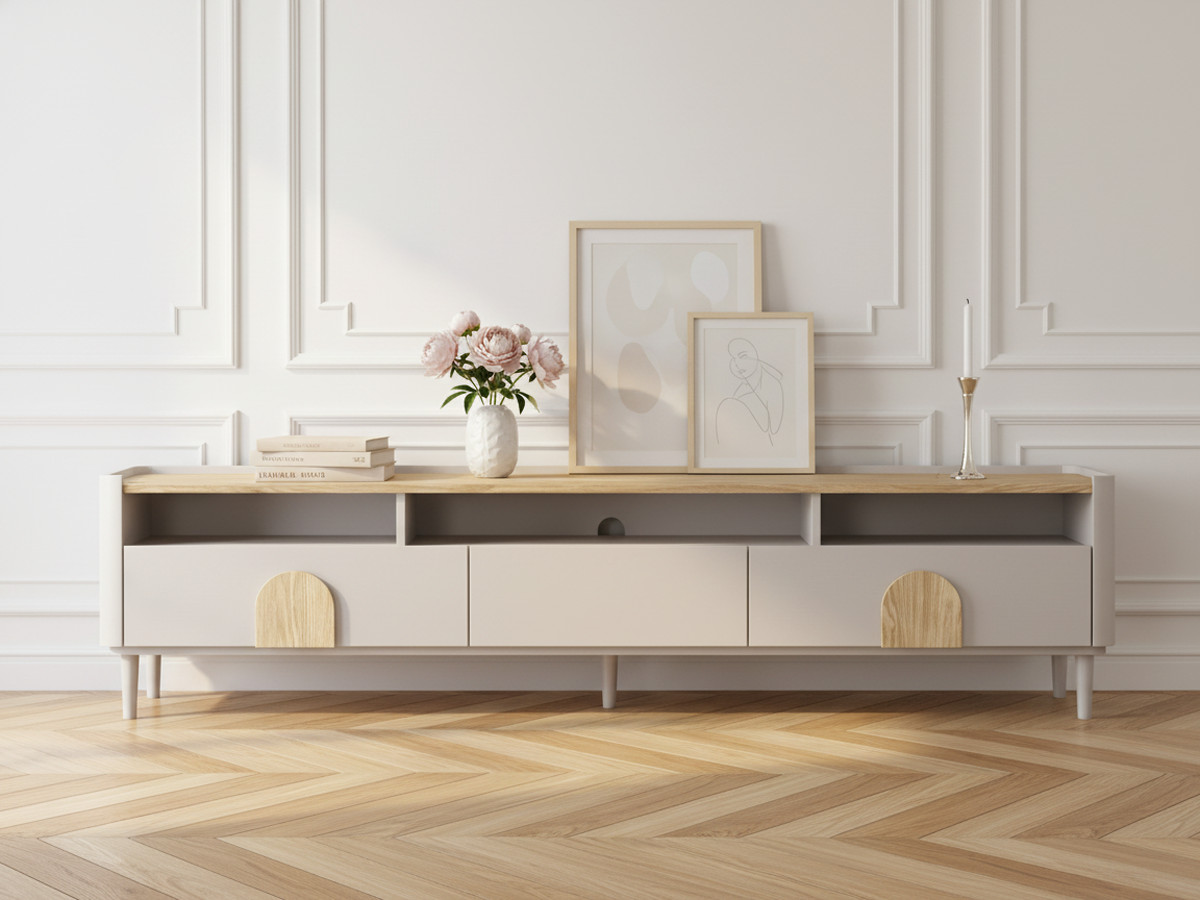 Meuble TV 1 porte 2 tiroirs 200 cm ENYRA pieds en bois massif