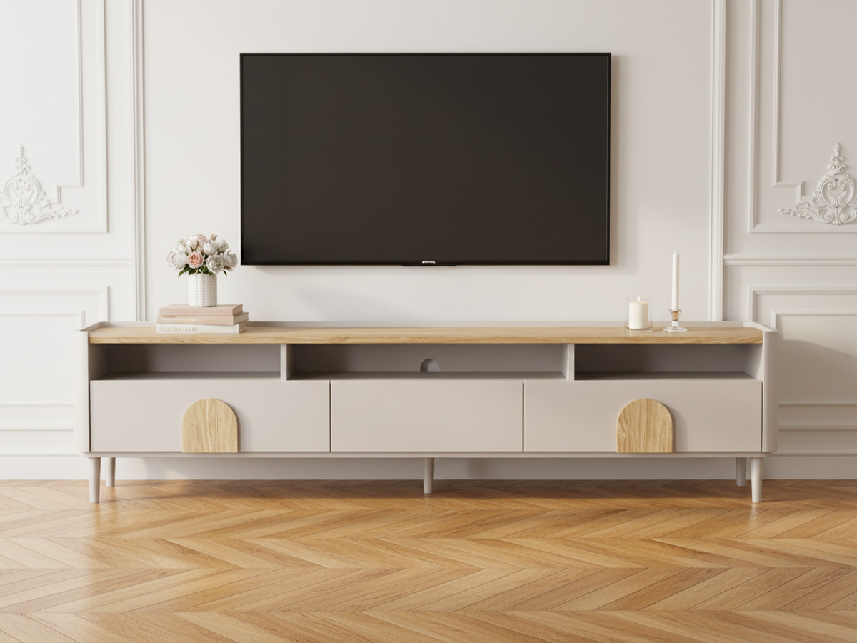 Meuble TV 1 porte 2 tiroirs 200 cm ENYRA pieds en bois massif beige — vue 6