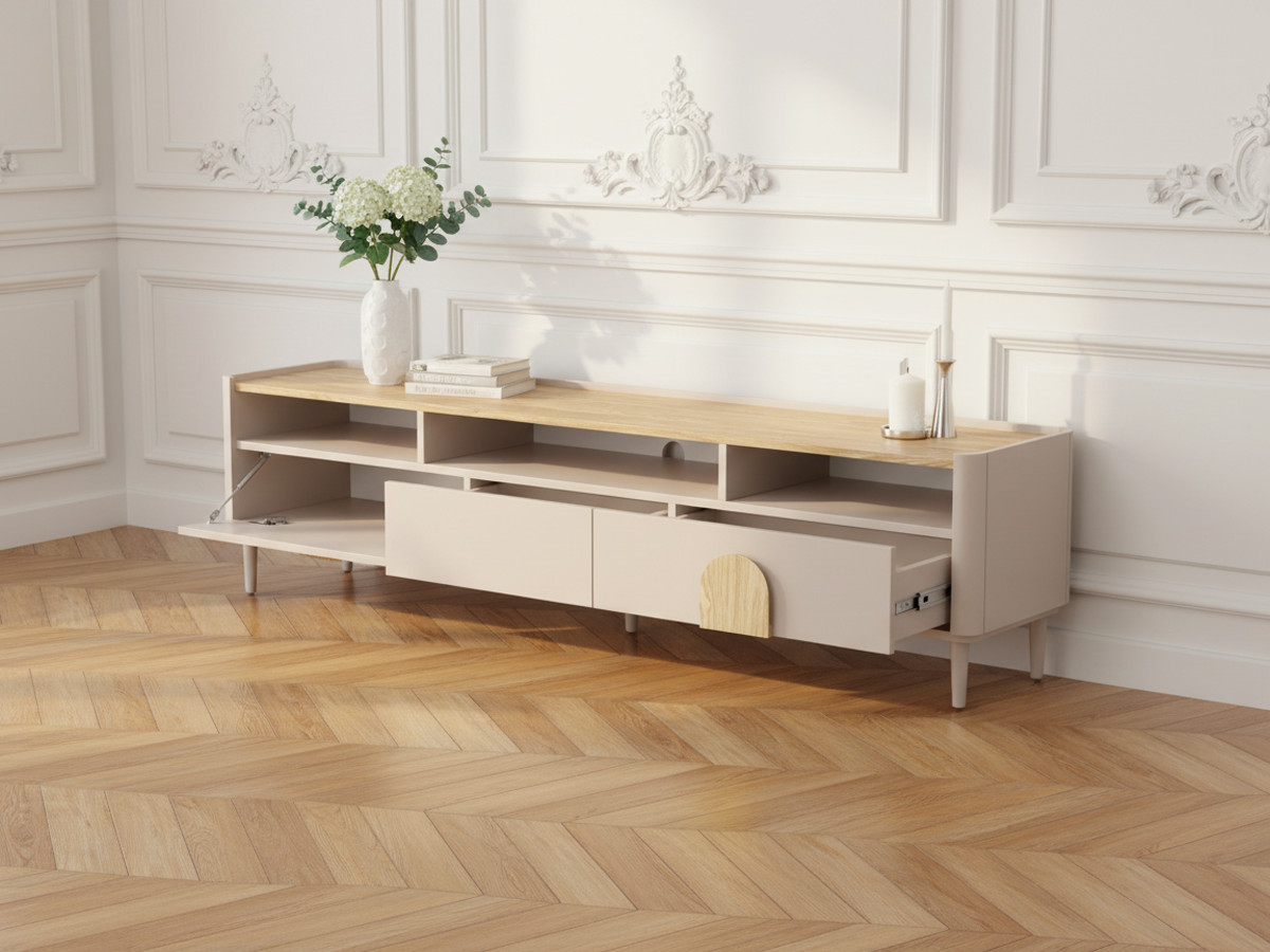 Meuble TV 1 porte 2 tiroirs 200 cm ENYRA pieds en bois massif beige — vue 5