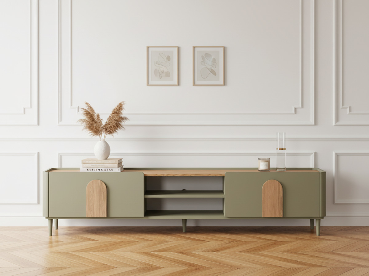 Meuble TV 1 porte 1 tiroir 220 cm ENYRA pieds en bois massif