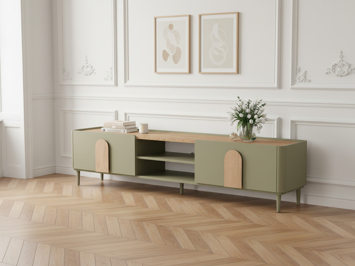 Meuble TV 1 porte 1 tiroir 220 cm ENYRA pieds en bois massif vert — vue 4