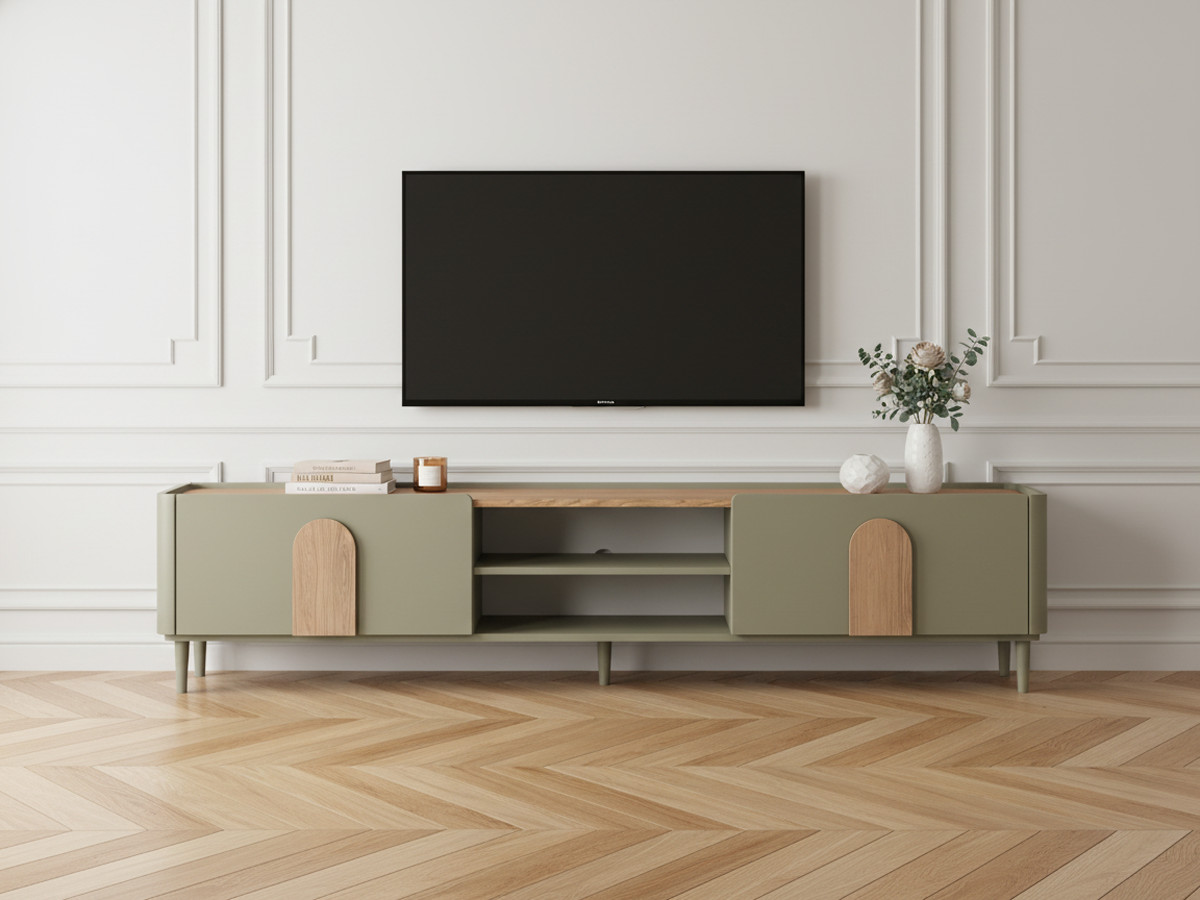 Meuble TV 1 porte 1 tiroir 220 cm ENYRA pieds en bois massif vert — vue 6