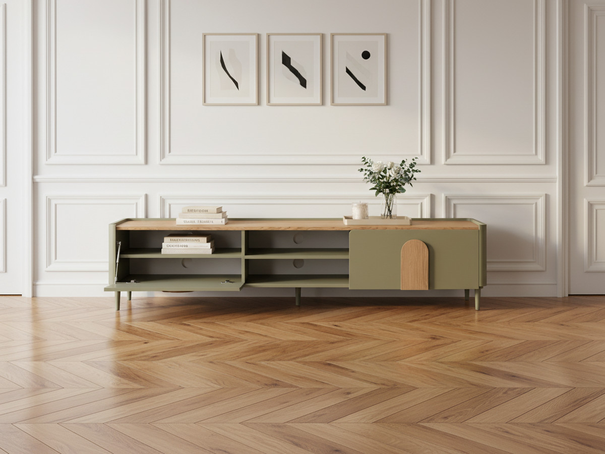 Meuble TV 1 porte 1 tiroir 220 cm ENYRA pieds en bois massif vert — vue 5