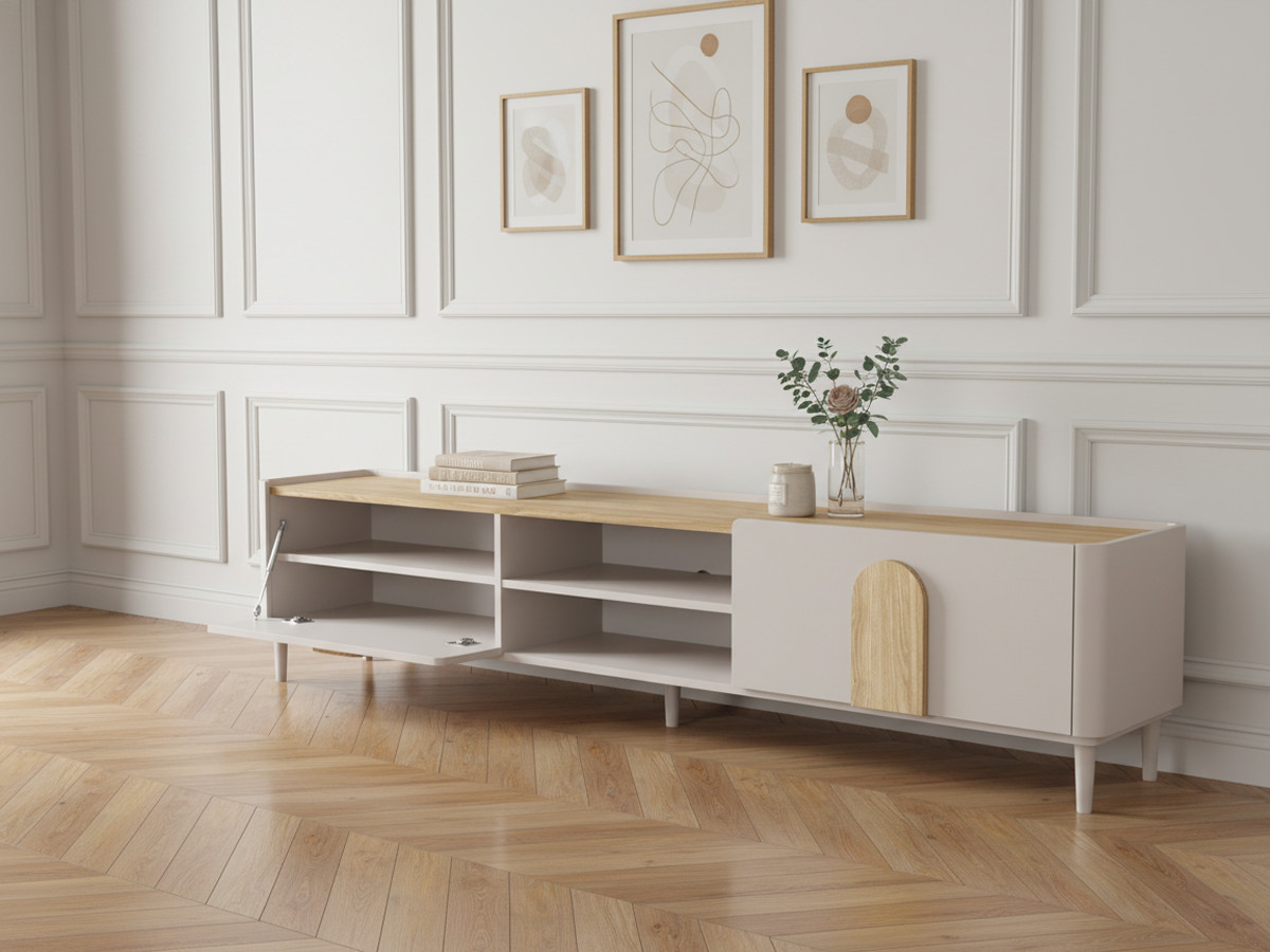 Meuble TV 1 porte 1 tiroir 220 cm ENYRA pieds en bois massif beige — vue 5