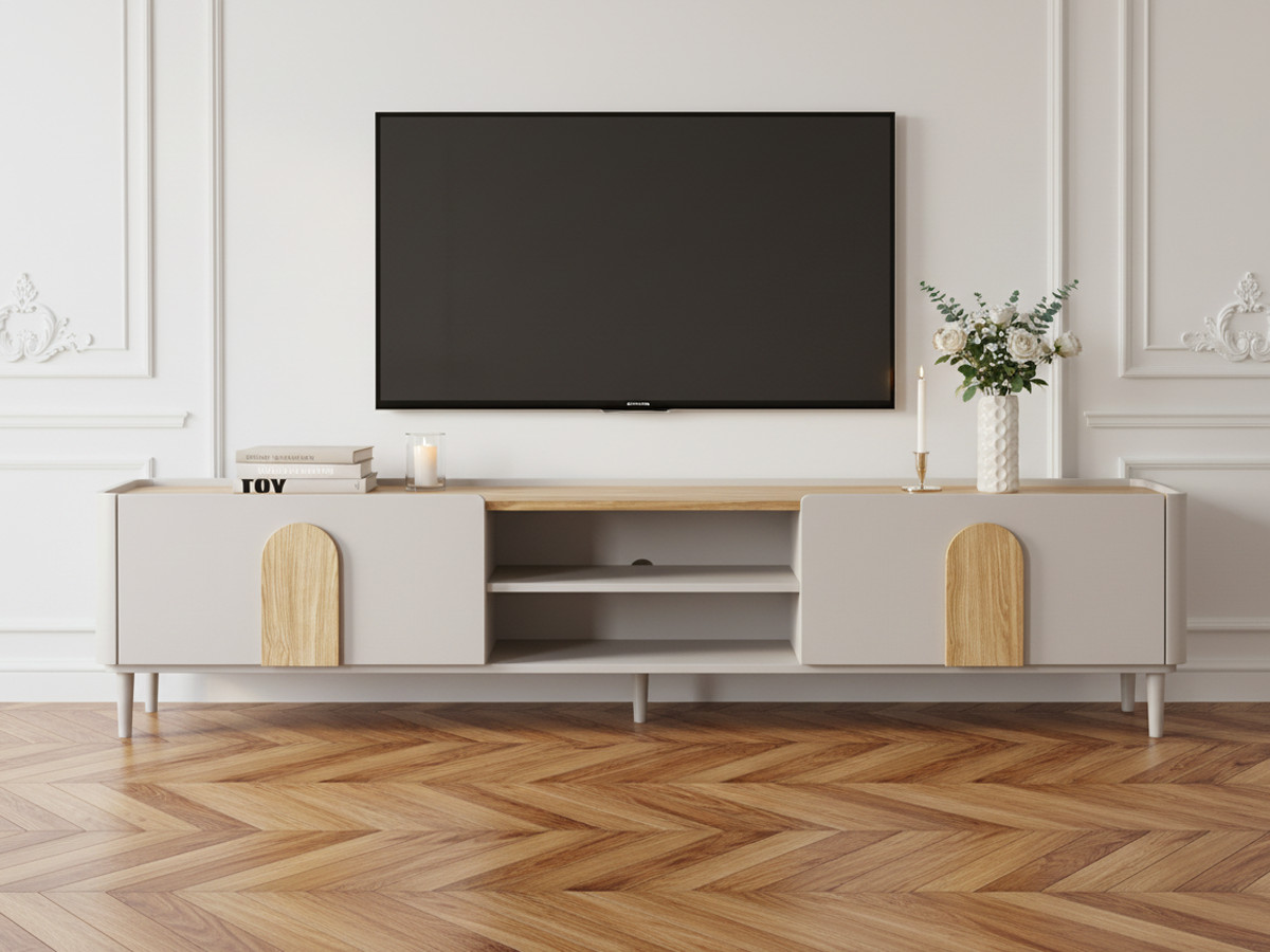 Meuble TV 1 porte 1 tiroir 220 cm ENYRA pieds en bois massif beige — vue 6