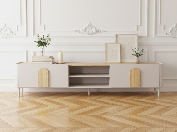 Meuble TV 1 porte 1 tiroir 220 cm ENYRA pieds en bois massif