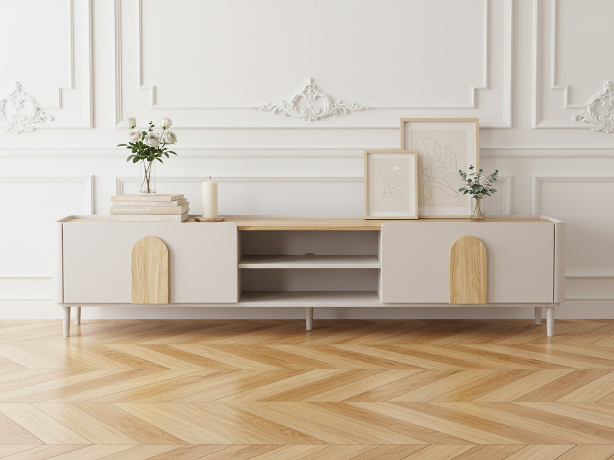 Meuble TV 1 porte 1 tiroir 220 cm ENYRA pieds en bois massif