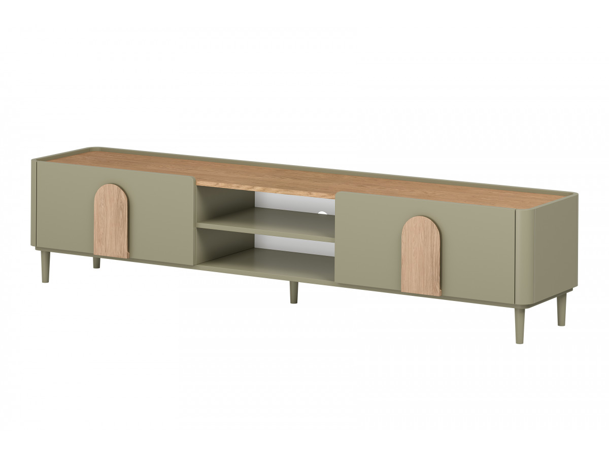 meuble tv 1 porte 1 tiroir 220 cm enyra pieds en bois massif gekleurd vert