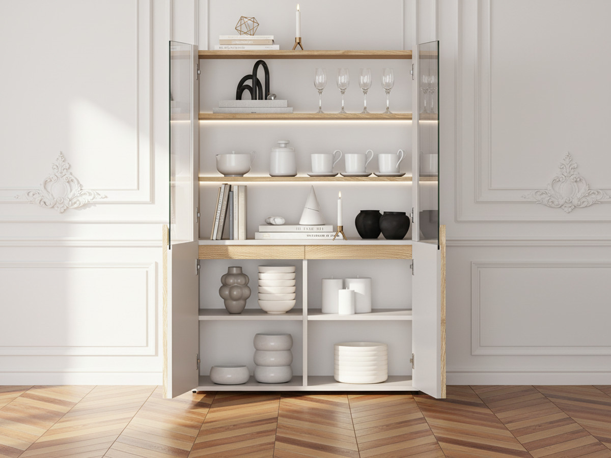 Meuble vitrine 2 portes H. 138 cm ENYRA beige — vue 5