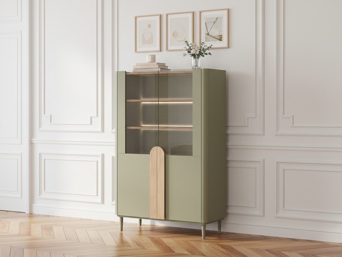Meuble vitrine 2 portes H. 150 cm ENYRA pieds en bois massif