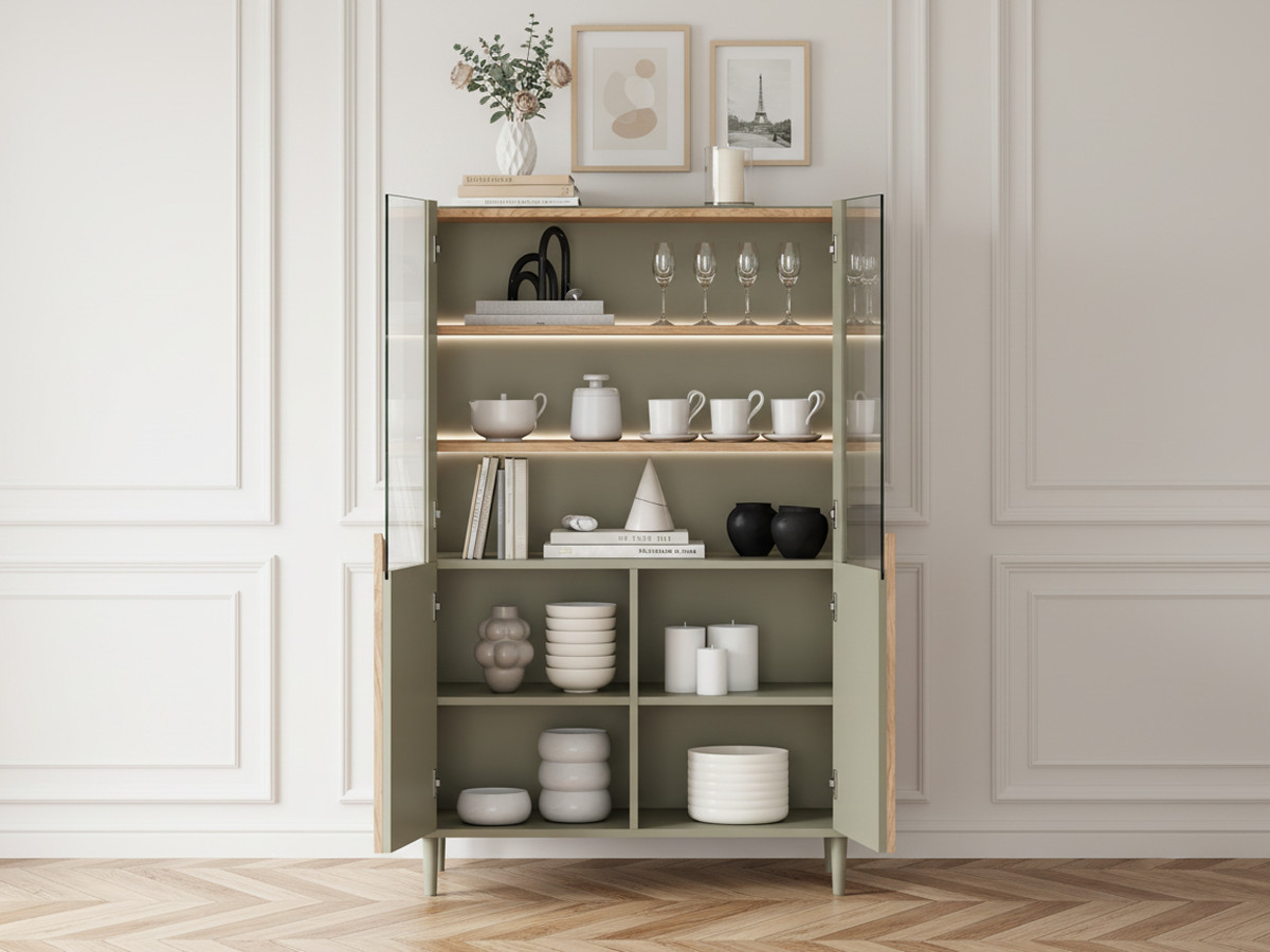 Meuble vitrine 2 portes H. 150 cm ENYRA pieds en bois massif vert — vue 5