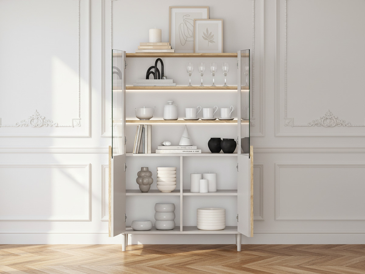 Meuble vitrine 2 portes H. 150 cm ENYRA pieds en bois massif