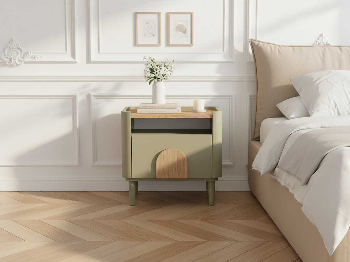 Table de chevet 1 tiroir ENYRA pieds bois massif vert — vue 4