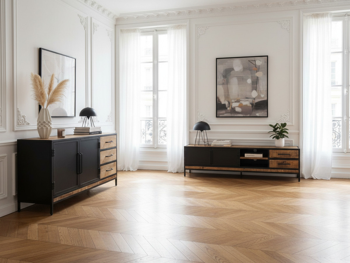 BEAUBOURG Set met 200 cm dressoir + mangohouten tv-kast