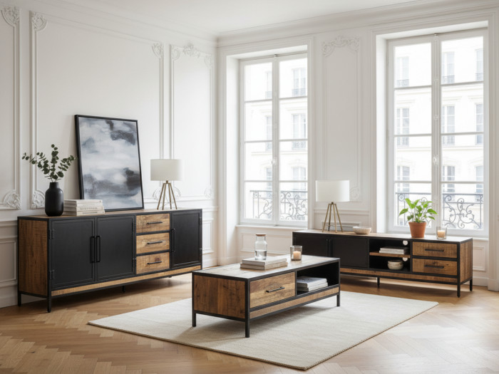 Séjour complet BEAUBOURG avec Buffet 200 cm + Meuble TV + Table basse Bois massif de manguier