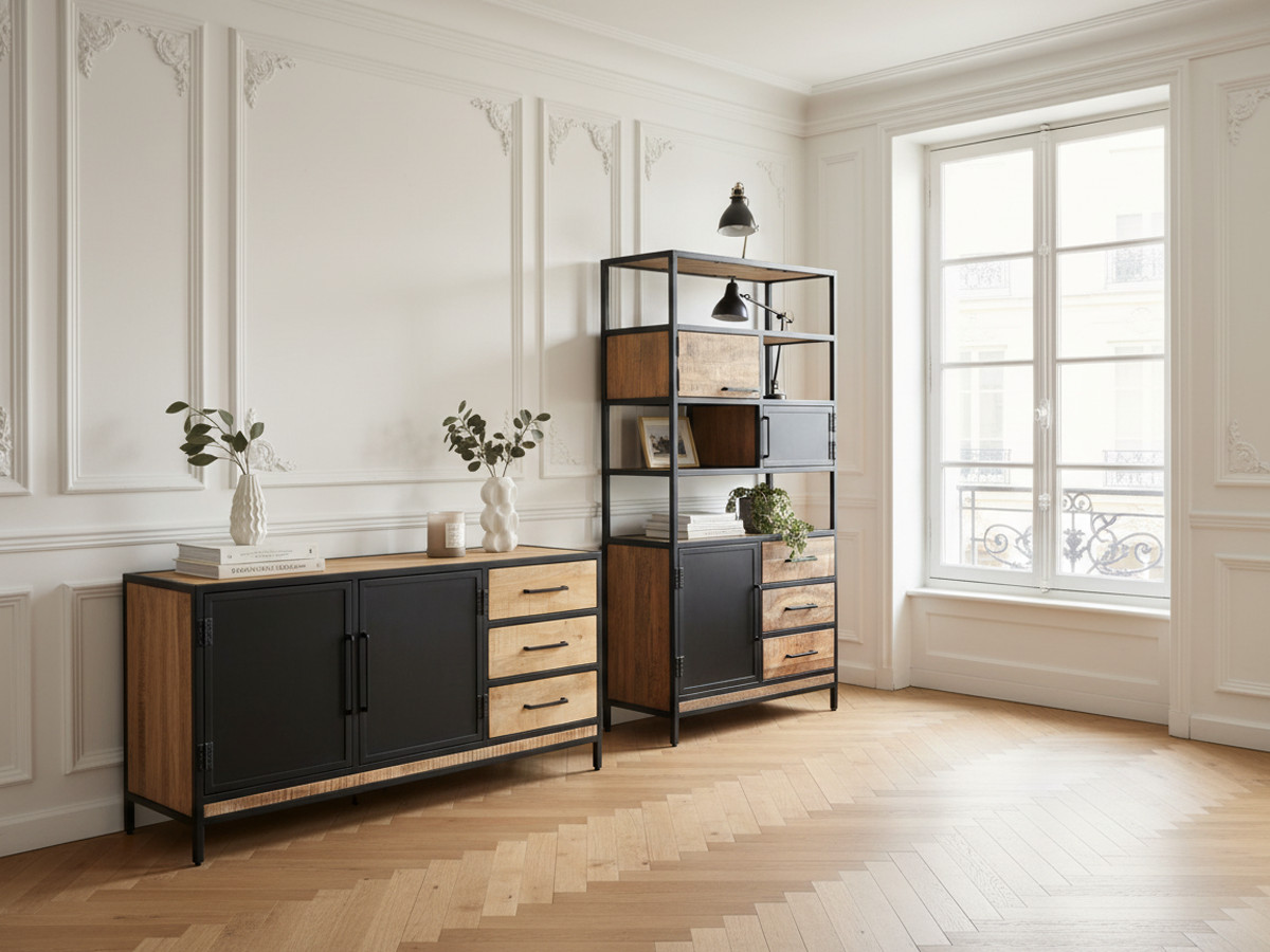 Ensemble BEAUBOURG avec Buffet 160 cm + Bibliothèque Bois de manguier