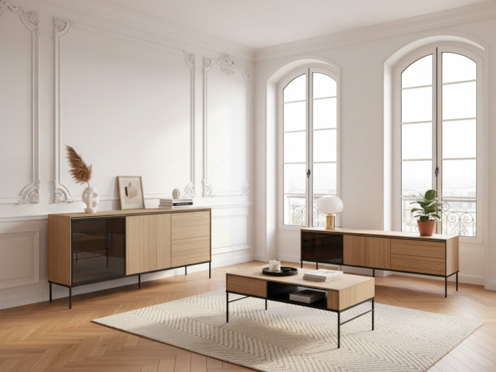 Buffet 2 portes 3 tiroirs 167 cm VERONA effet chêne et verre fumé avec LEDS