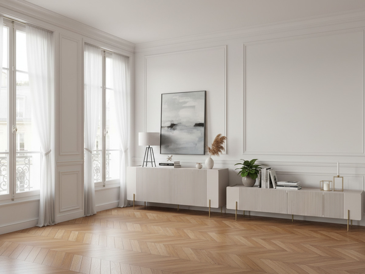 Ensemble MATHILDE avec buffet 200 cm + meuble TV 200 cm plateau effet marbre et pieds or beige — vue 4