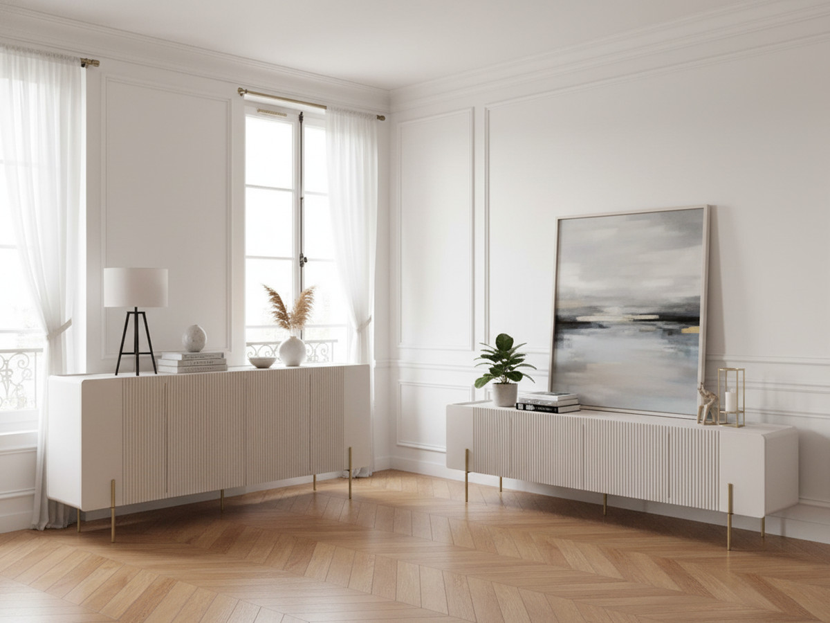 Ensemble MATHILDE avec buffet 200 cm + meuble TV 200 cm plateau effet marbre et pieds or