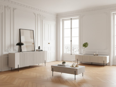 Ensemble MATHILDE avec buffet 200 cm + meuble TV 200 cm + table basse 100 cm plateau effet marbre et pieds noirs