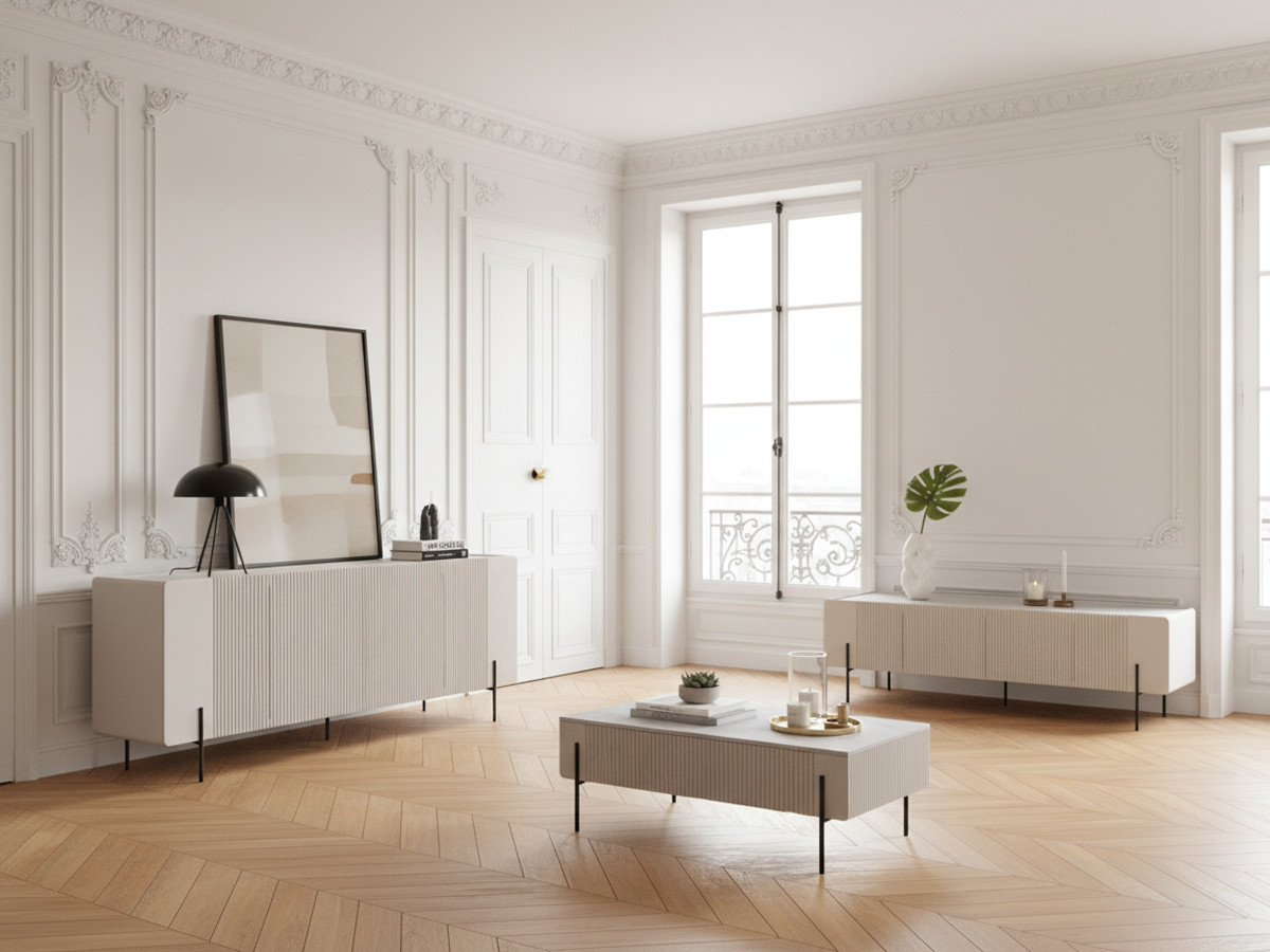 Ensemble MATHILDE avec buffet 200 cm + meuble TV 200 cm + table basse 100 cm plateau effet marbre et pieds noirs