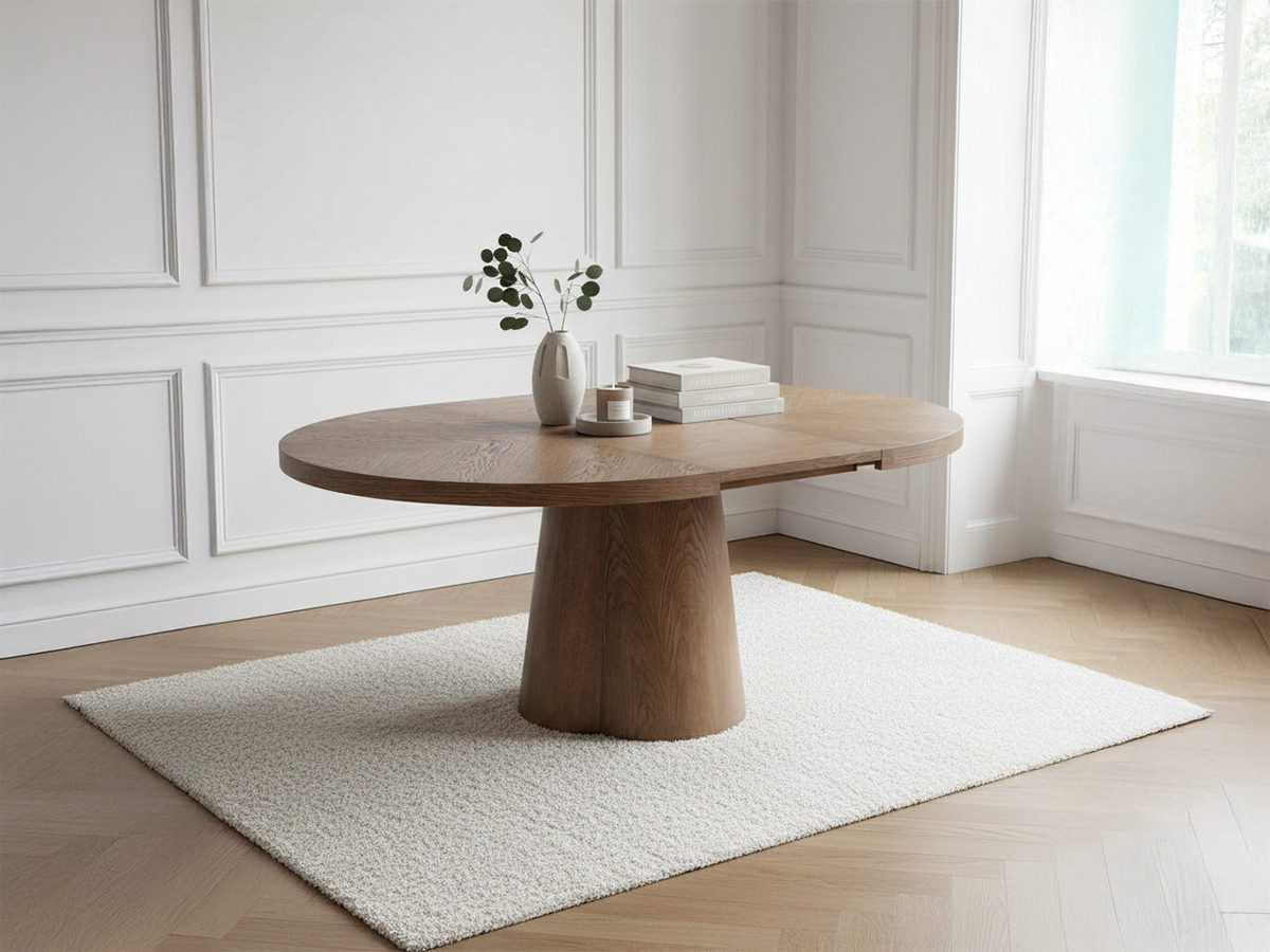 Ensemble SUGITON avec table à manger ronde extensible 130 à 180 cm + 4 chaises BASTIDE placage chêne massif