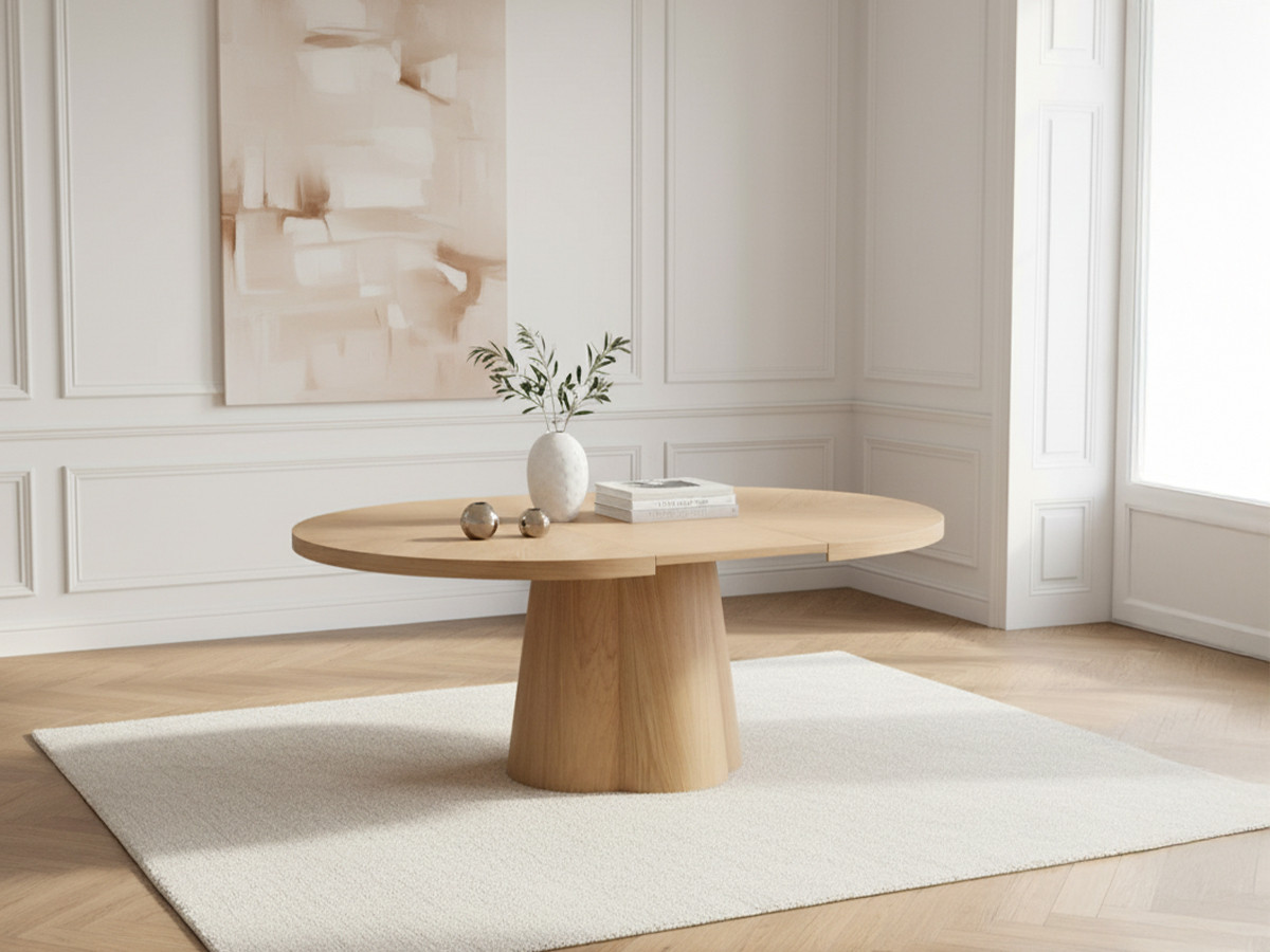 Ensemble SUGITON avec table à manger ronde extensible 130 à 180 cm + 4 chaises BASTIDE placage chêne massif