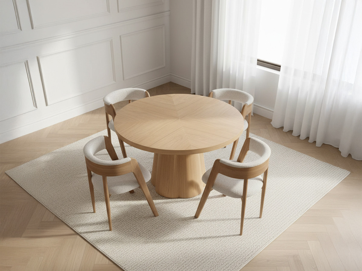 Ensemble SUGITON avec table à manger ronde extensible 130 à 180 cm + 4 chaises BASTIDE placage chêne massif