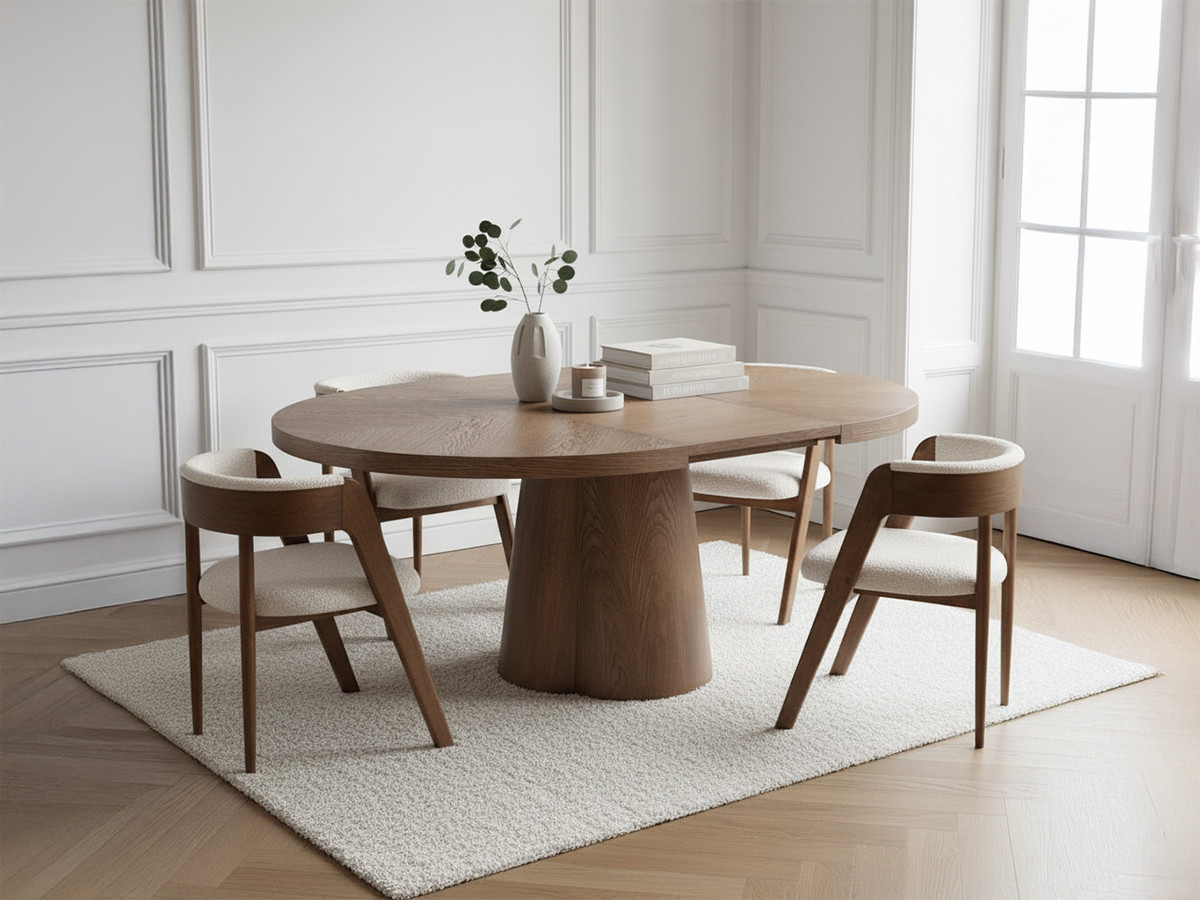 Ensemble SUGITON avec table à manger ronde extensible 130 à 180 cm + lot de chaises BASTIDE placage chêne massif