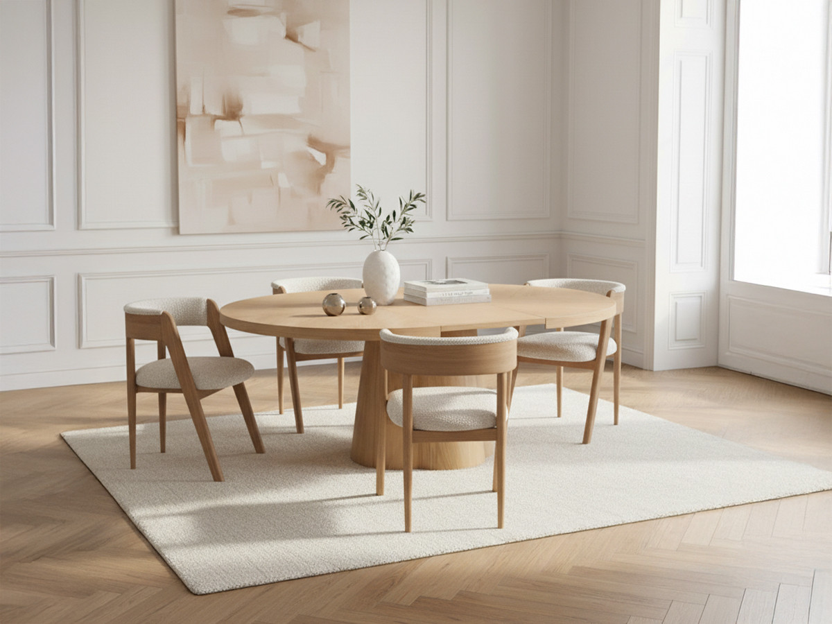 Ensemble SUGITON avec table à manger ronde extensible 130 à 180 cm + 4 chaises BASTIDE placage chêne massif