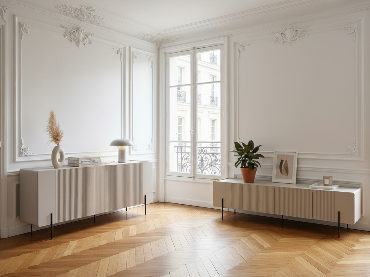 Ensemble MATHILDE avec buffet 200 cm + meuble TV 200 cm plateau effet marbre et pieds noirs