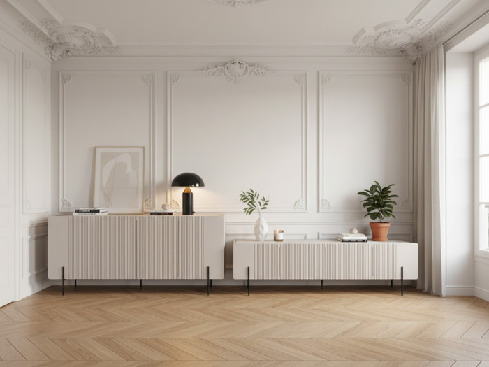 Ensemble MATHILDE avec buffet 200 cm + meuble TV 200 cm plateau effet marbre et pieds noirs