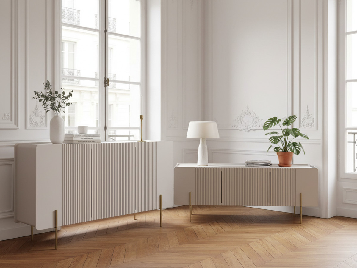 Ensemble MATHILDE avec buffet 150 cm + meuble TV 150 cm plateau effet marbre et pieds or beige — vue 4